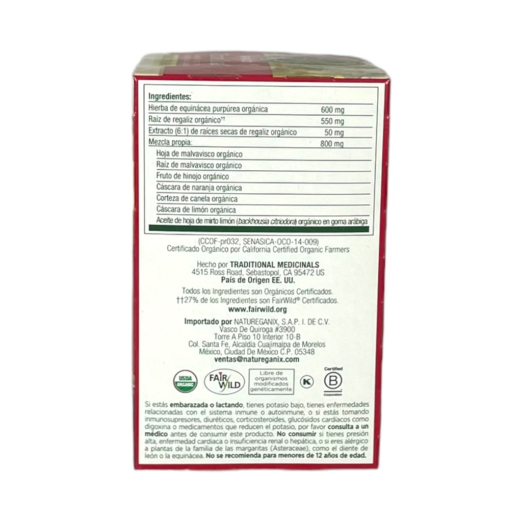 Té orgánico de equinacea (16 sobres) 20.8gr TRADITIONAL MEDICINALS