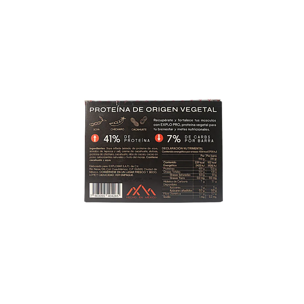 Barra a base de proteína de chícharo y soya sabor chocolate 120gr EXPLO ...
