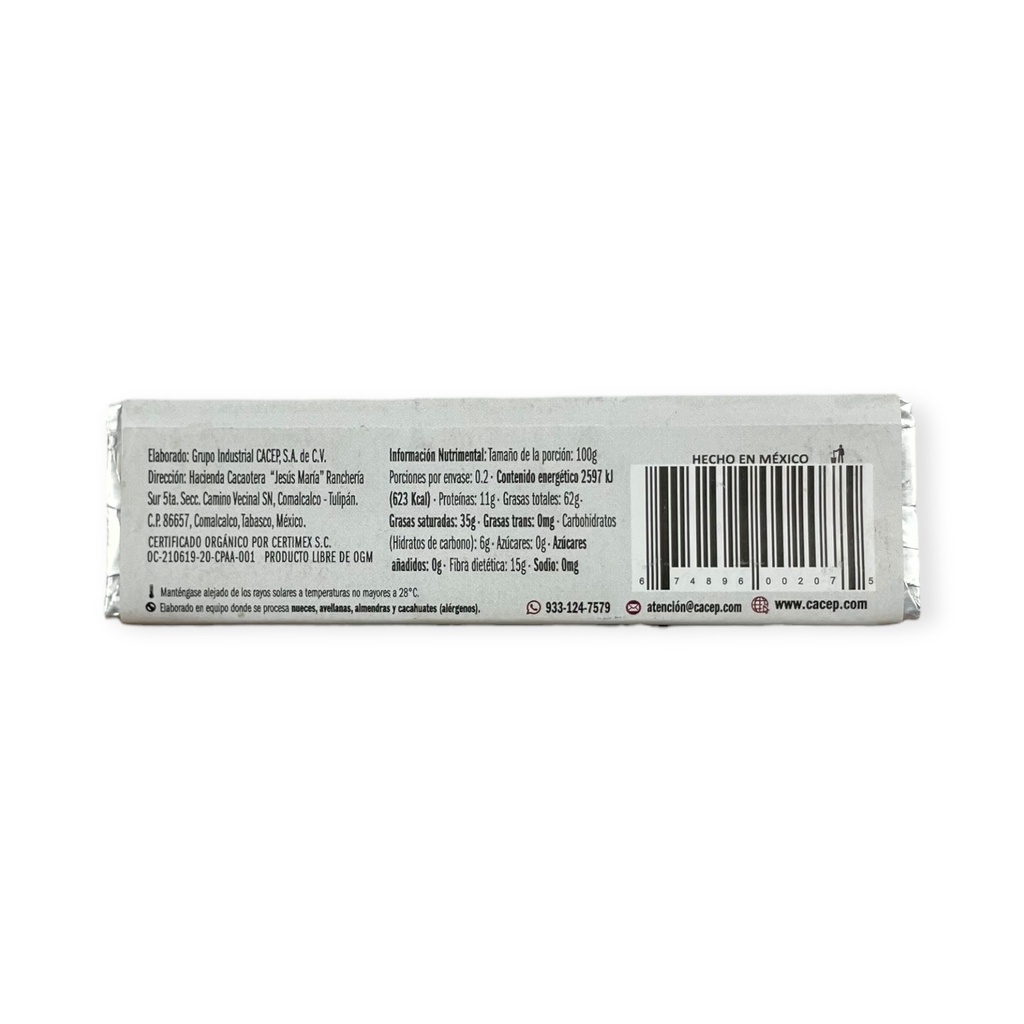 Chocolate amargo 100% cacao 20gr CACEP 