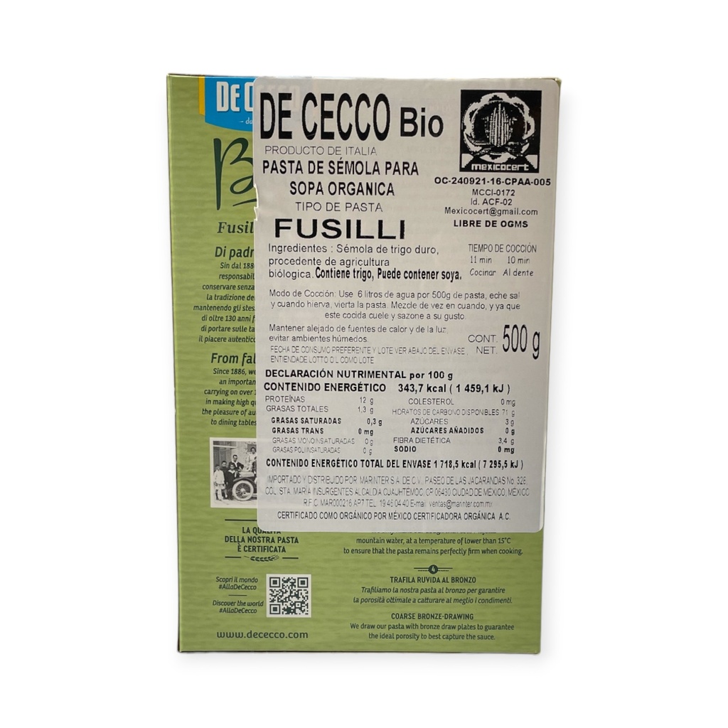 Pasta bio fusilli de sémola 500gr DE CECCO