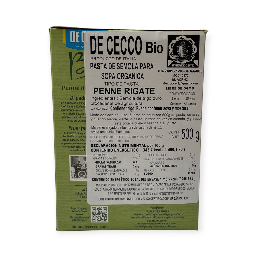 Pasta penne rigate de sémola 500gr DE CECCO