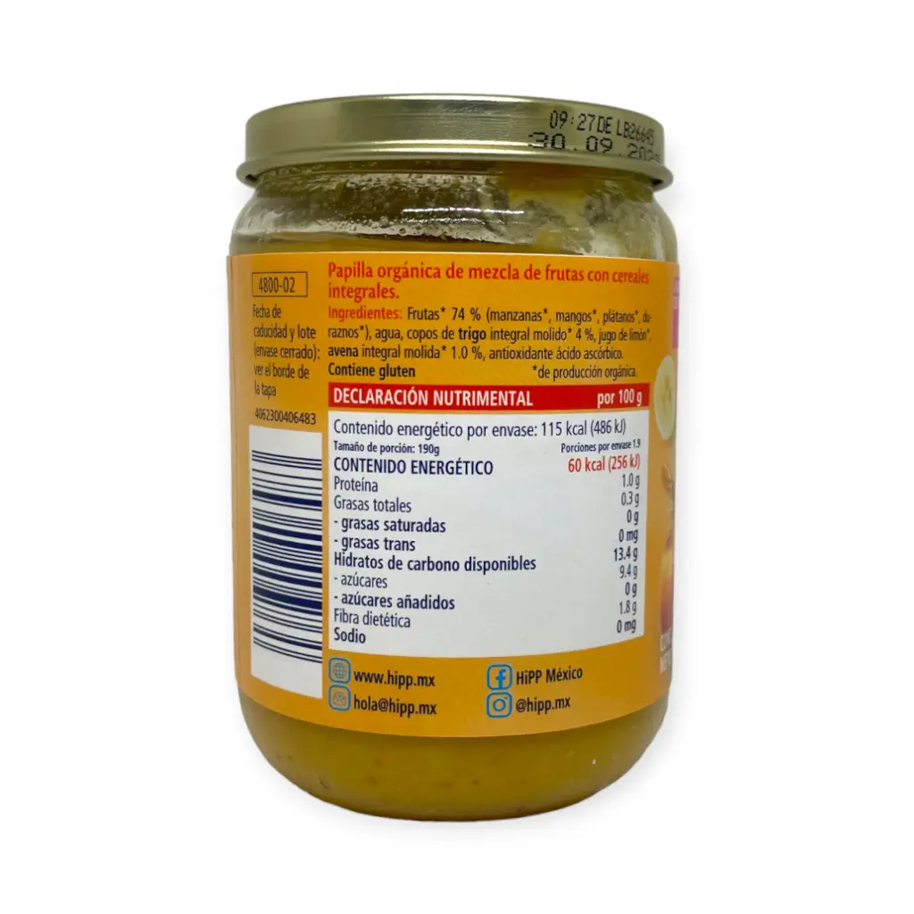 Papilla orgánica de mezcla de frutas con cereales integrales 190gr HIPP