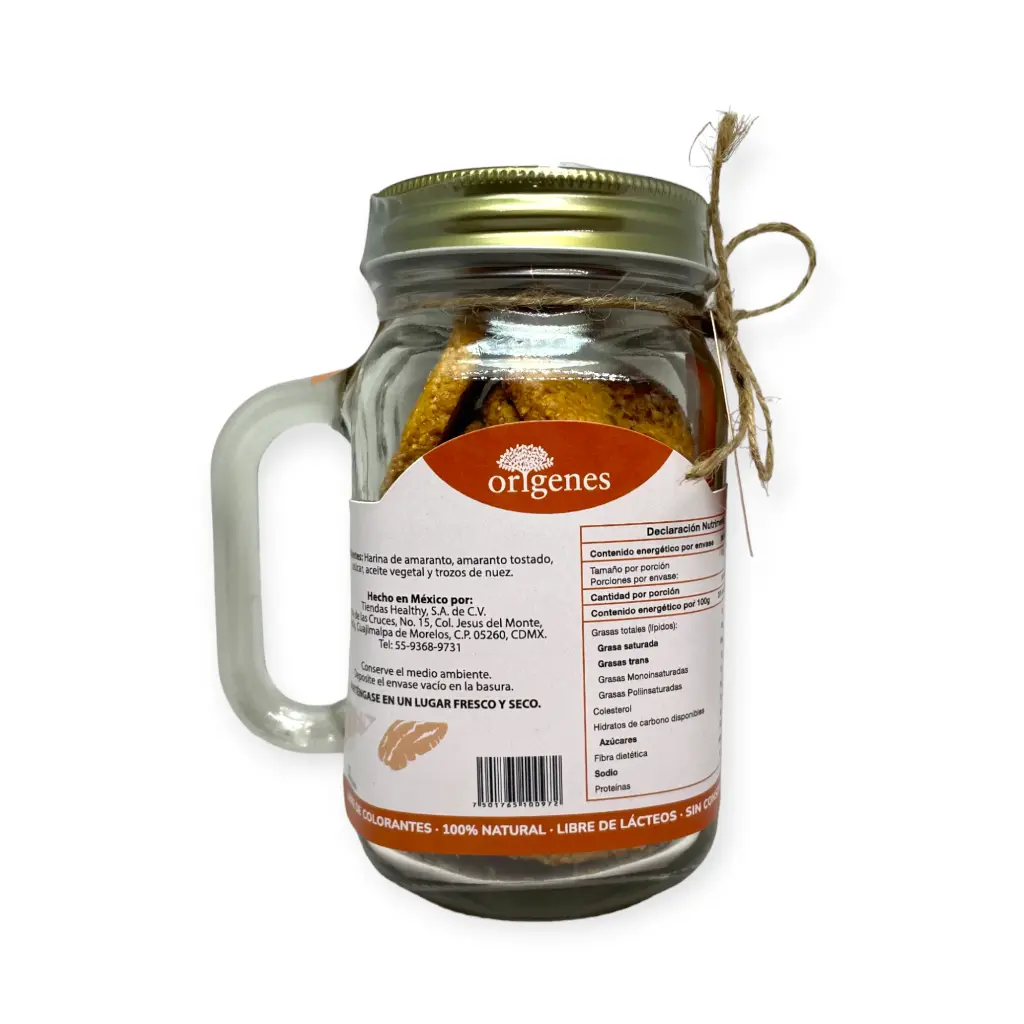 Tarro masón con galletas de amaranto sabor nuez pecana 130gr ORIGENES