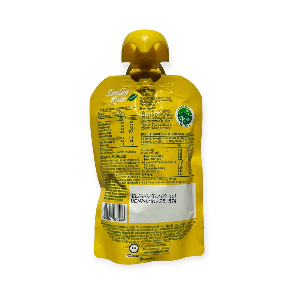 Papilla orgánica de pera, plátano y mango 90gr SMILEY KIDS