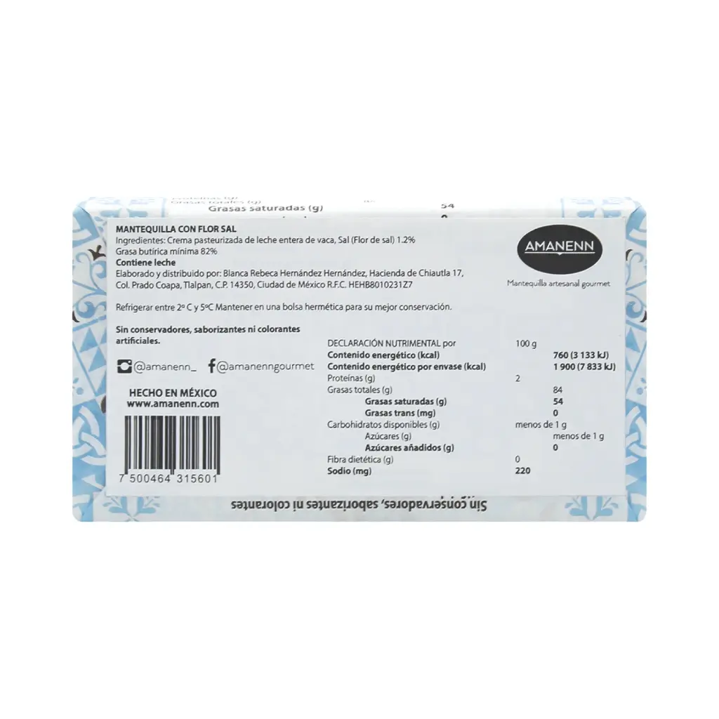 Mantequilla artesanal con flor de sal 250gr AMANENN