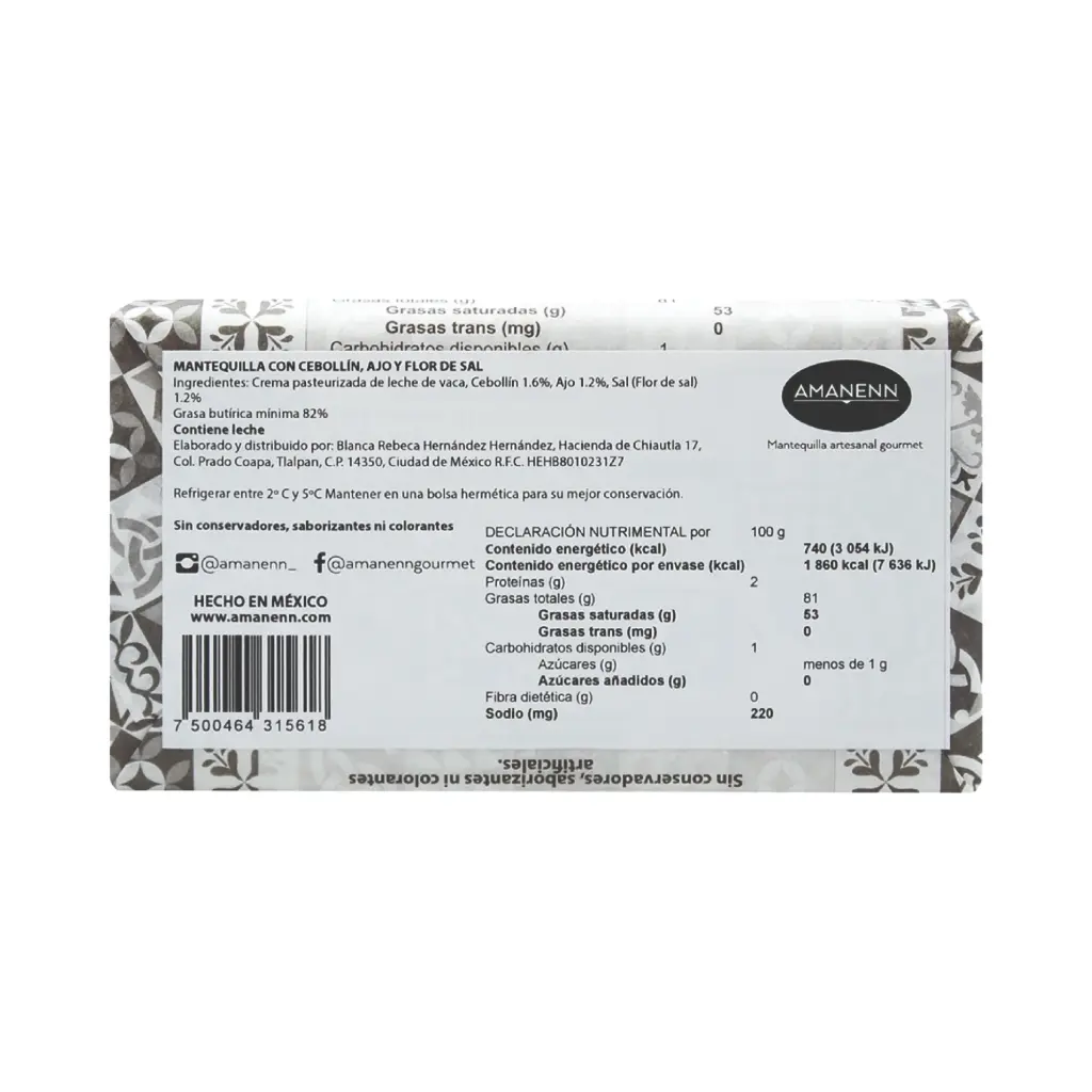 Mantequilla artesanal de cebollín, ajo y flor de sal 250gr AMANENN