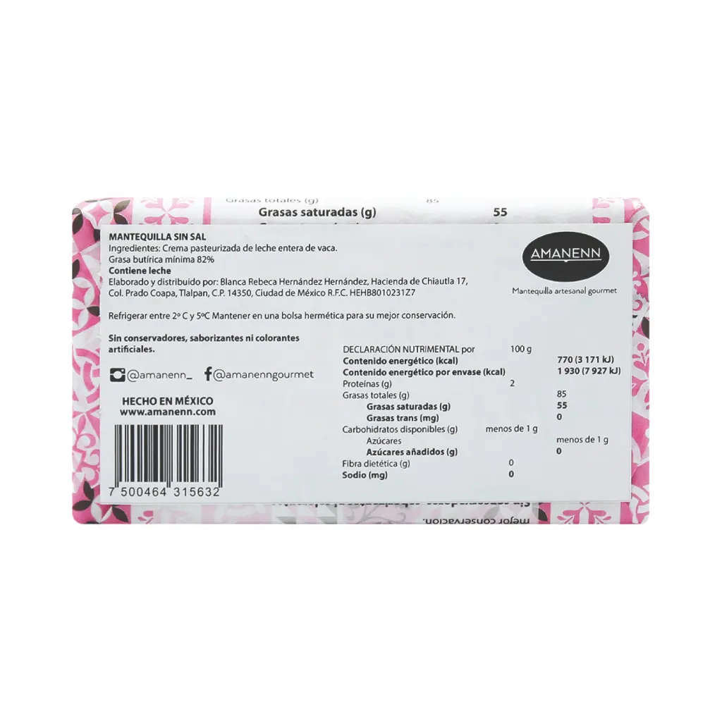 Mantequilla artesanal sin sal 250gr AMANENN