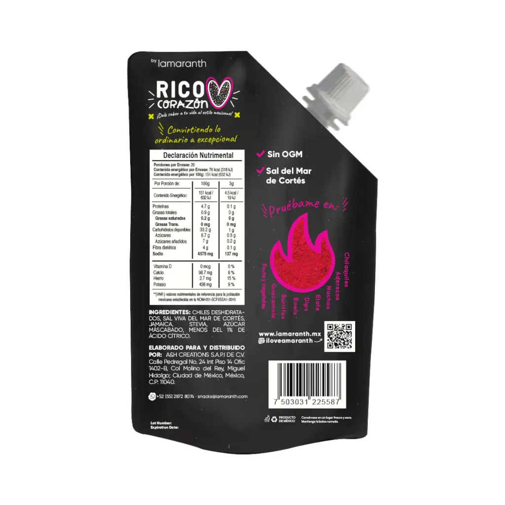 Rico corazón, salsa en polvo sabor chamoy con sal del mar de Cortés 50gr IAMARANTH