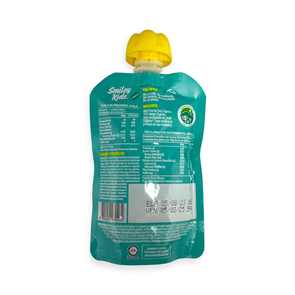 Papilla orgánica de pera y mango 90gr SMILEY KIDS