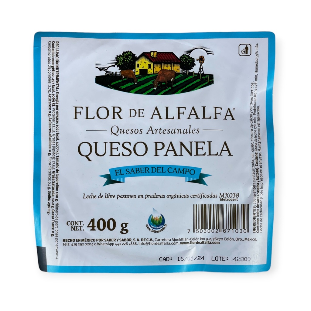 Queso panela fresco 400gr FLOR DE ALFALFA 