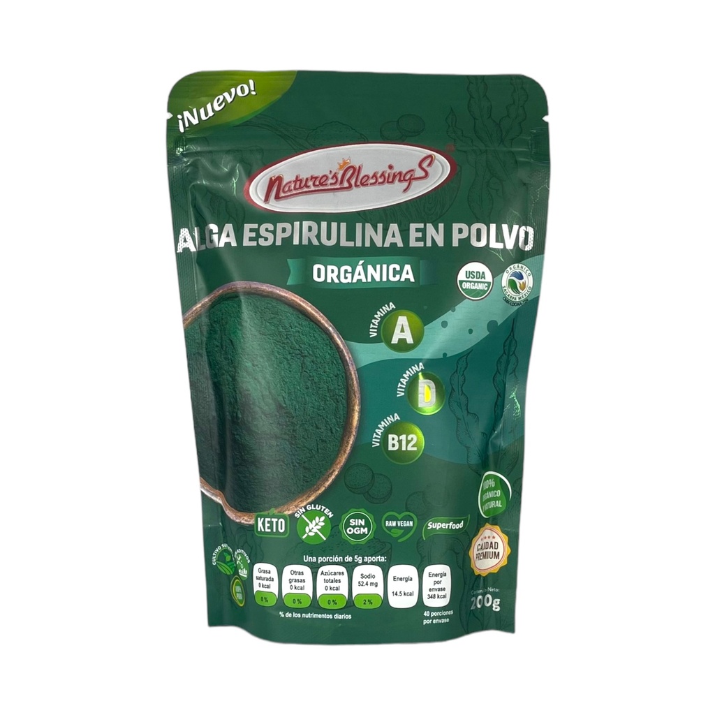 Alga espirulina premium en polvo 200gr NATURE´S BLESSINGS