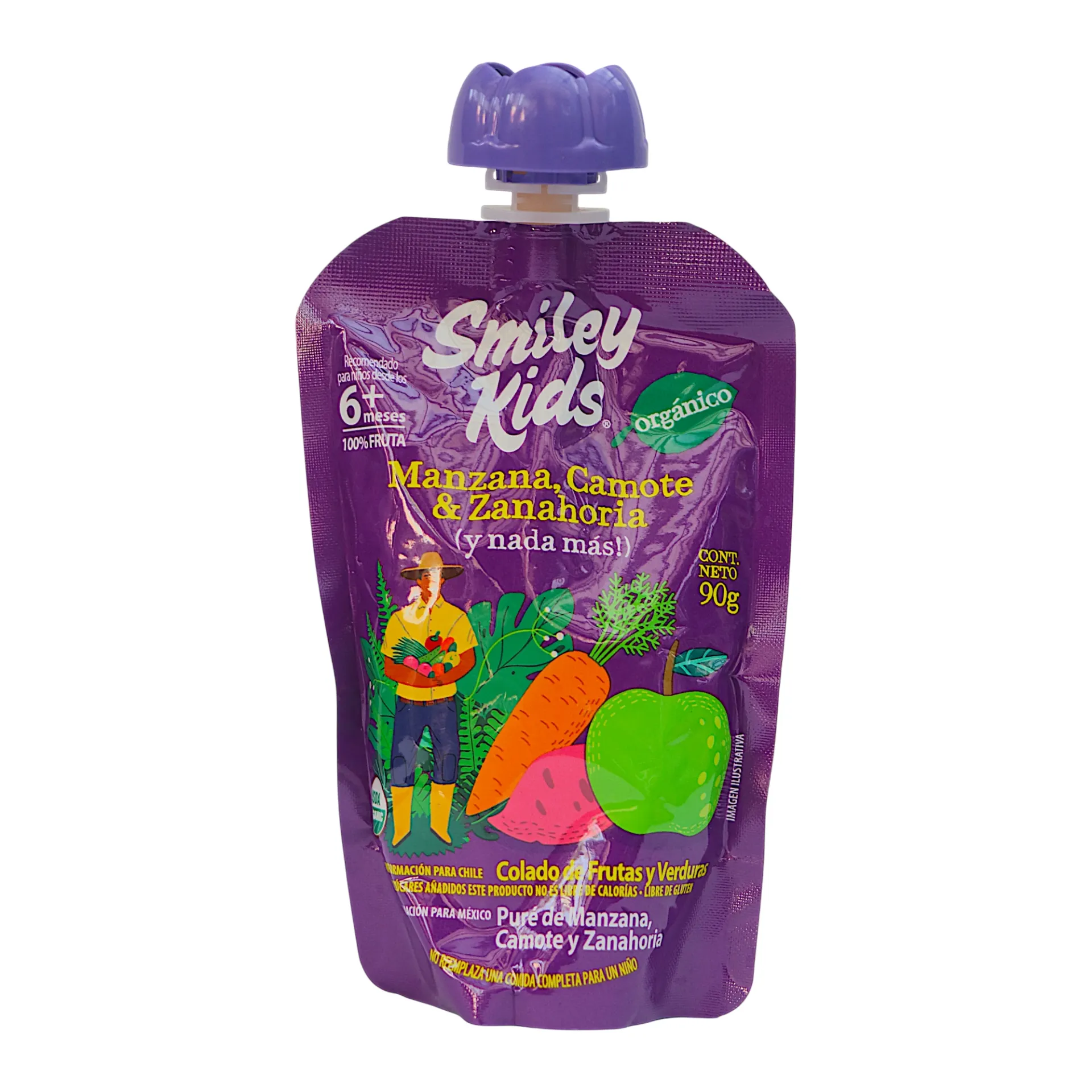[7804650970460] Papilla orgánica de manzana, camote y zanahoria 90gr SMILEY KIDS