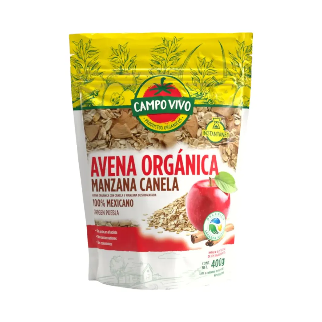 [7502236173143] Avena orgánica con manzana y canela 400gr CAMPO VIVO