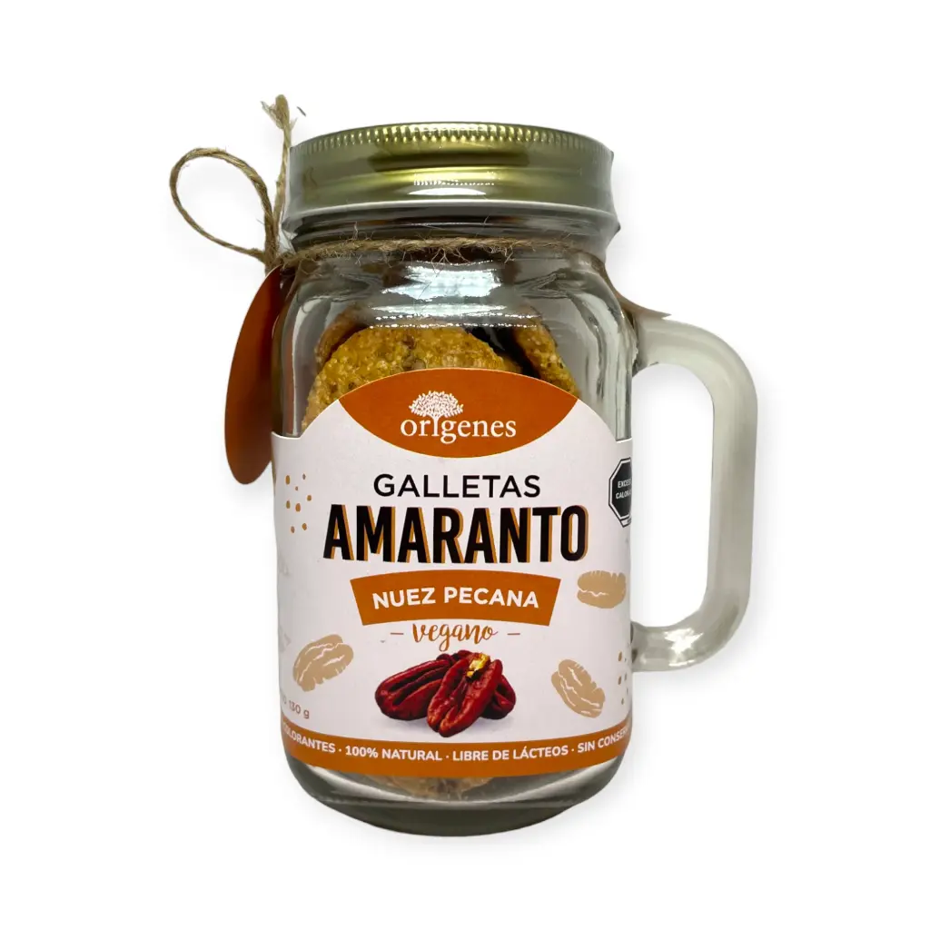 [7501765100972] Tarro masón con galletas de amaranto sabor nuez pecana 130gr ORIGENES
