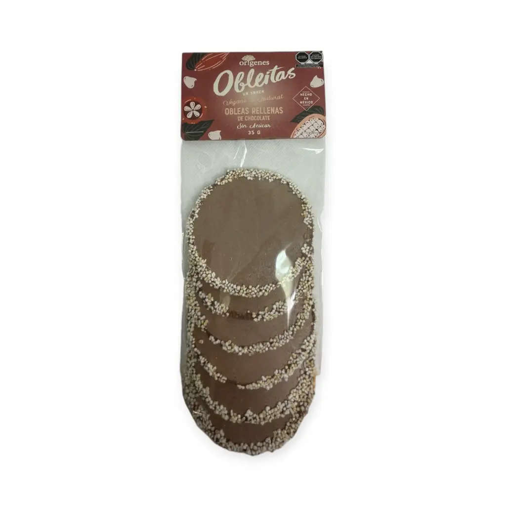 Oblea de cacao rellena de chocolate sin azúcar 35gr ORIGENES