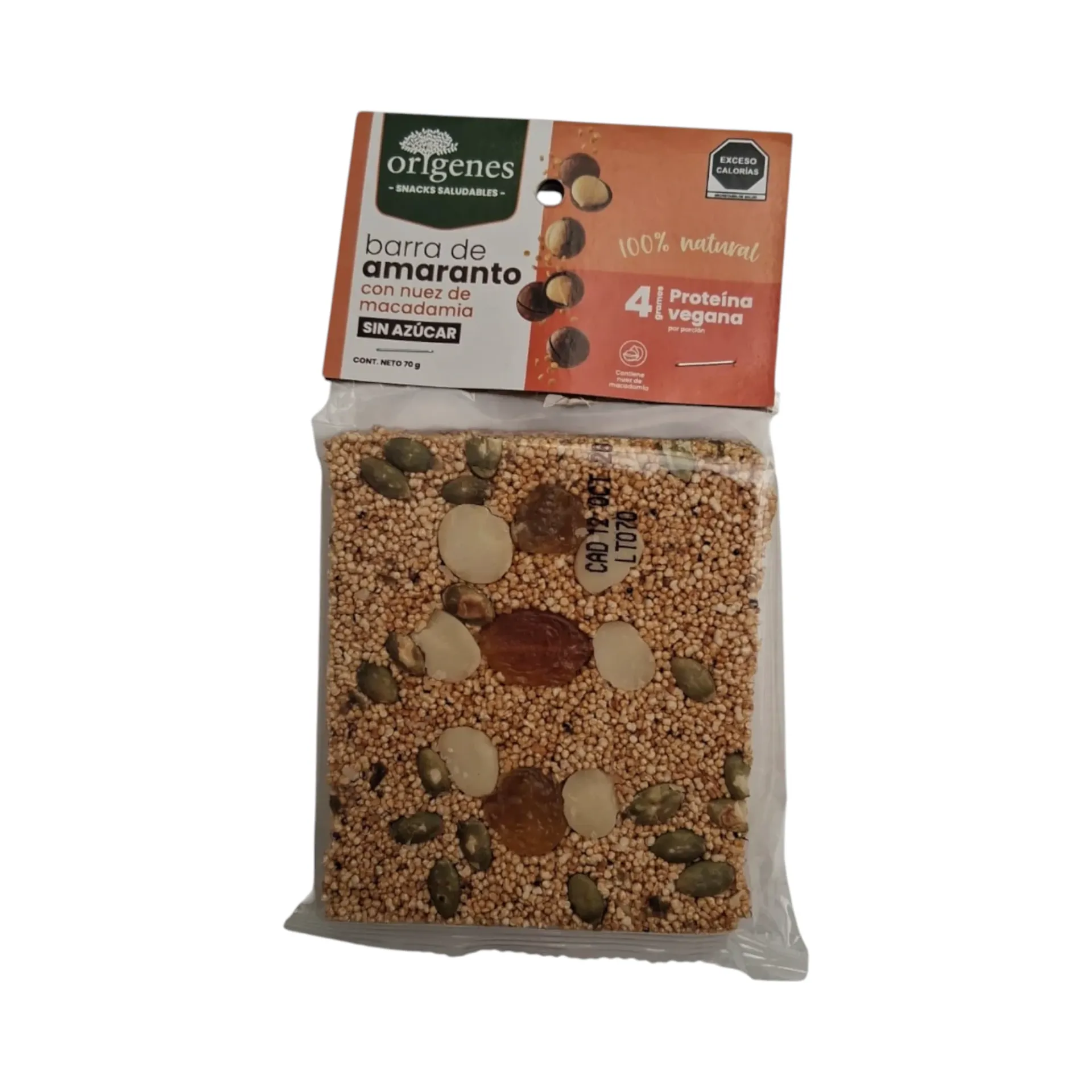 Barra de amaranto con néctar de maguey y nuez de macadamia sin azúcar 70gr ORIGENES