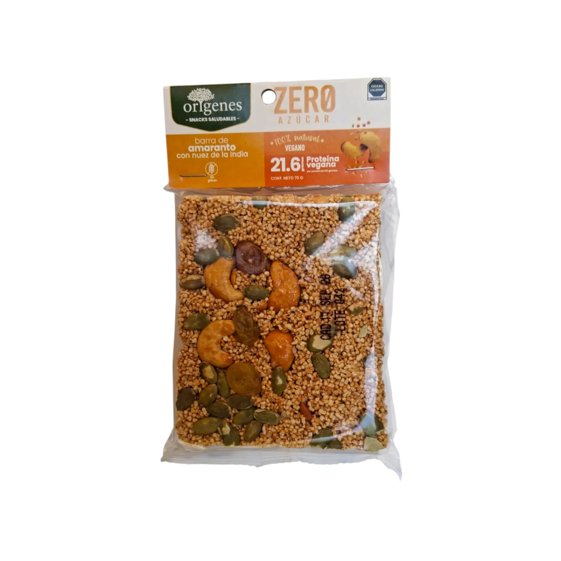 Barra de amaranto con néctar de maguey y nuez de la India sin azúcar 70gr ORIGENES