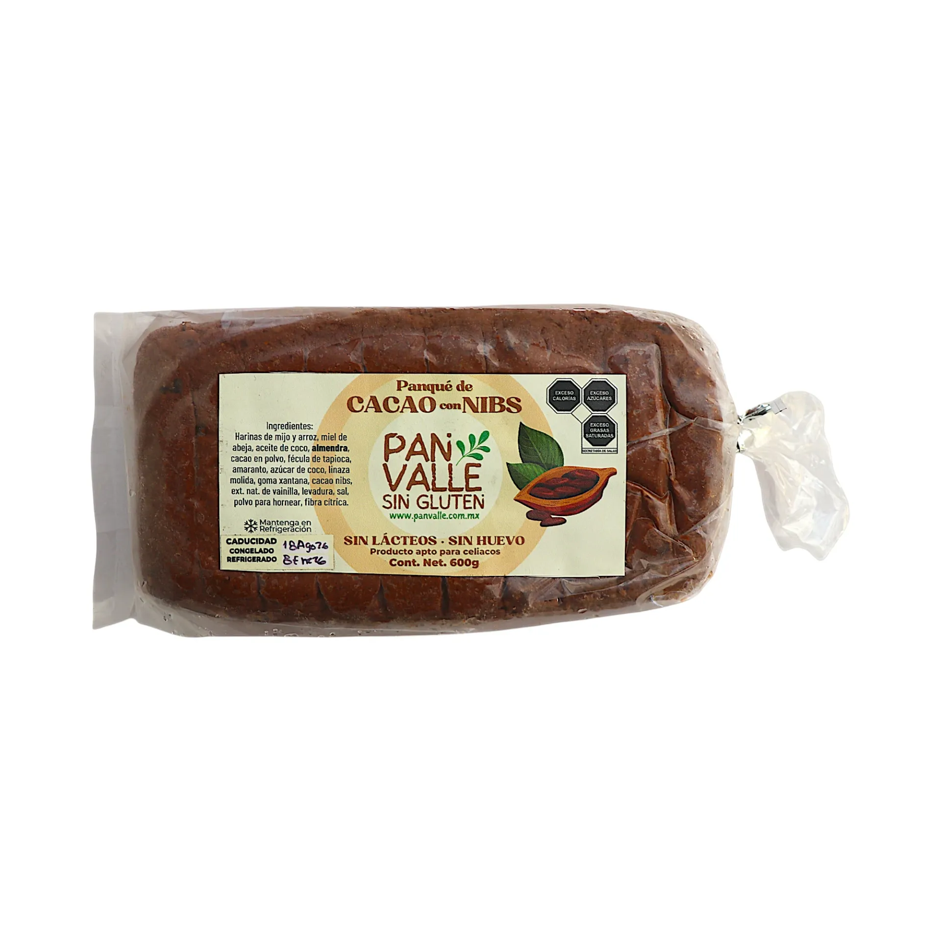 Panqué sin gluten de cacao con nibs 600gr PAN VALLE