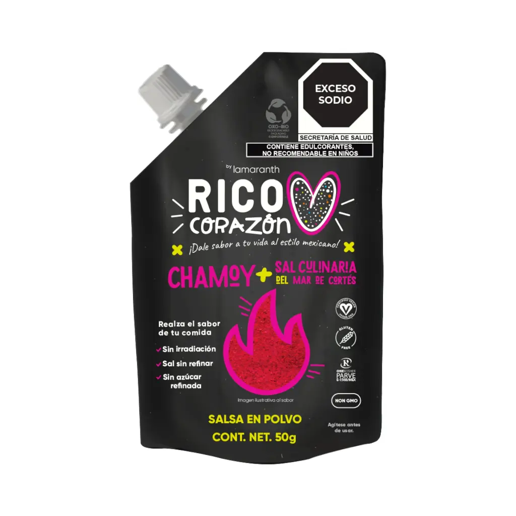 Rico corazón, salsa en polvo sabor chamoy con sal del mar de Cortés 50gr IAMARANTH