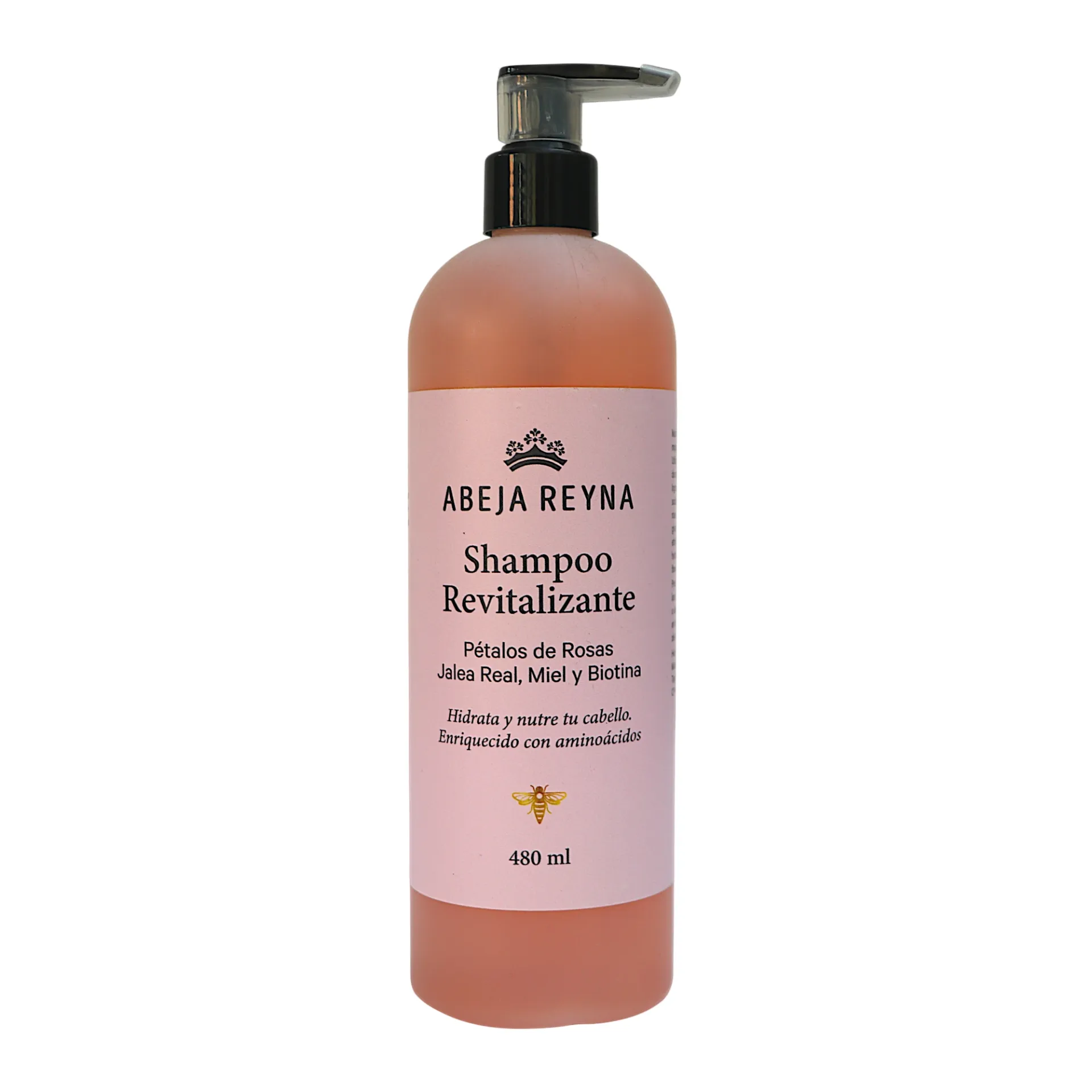 [7502281605910] Shampoo revitalizante con pétalos de rosas, jalea real y miel orgánica 480ml ABEJA REYNA