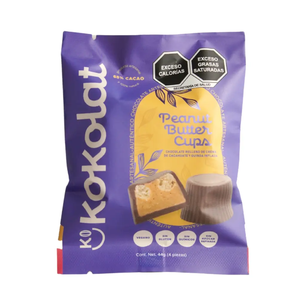 Peanut butter cups, chocolate con 65% cacao rellenos de crema de cacahuate 44gr KOKOLAT