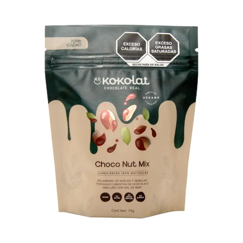 Choco nut mix, nueces y semillas cubiertas con cacao al 70% 75gr KOKOLAT