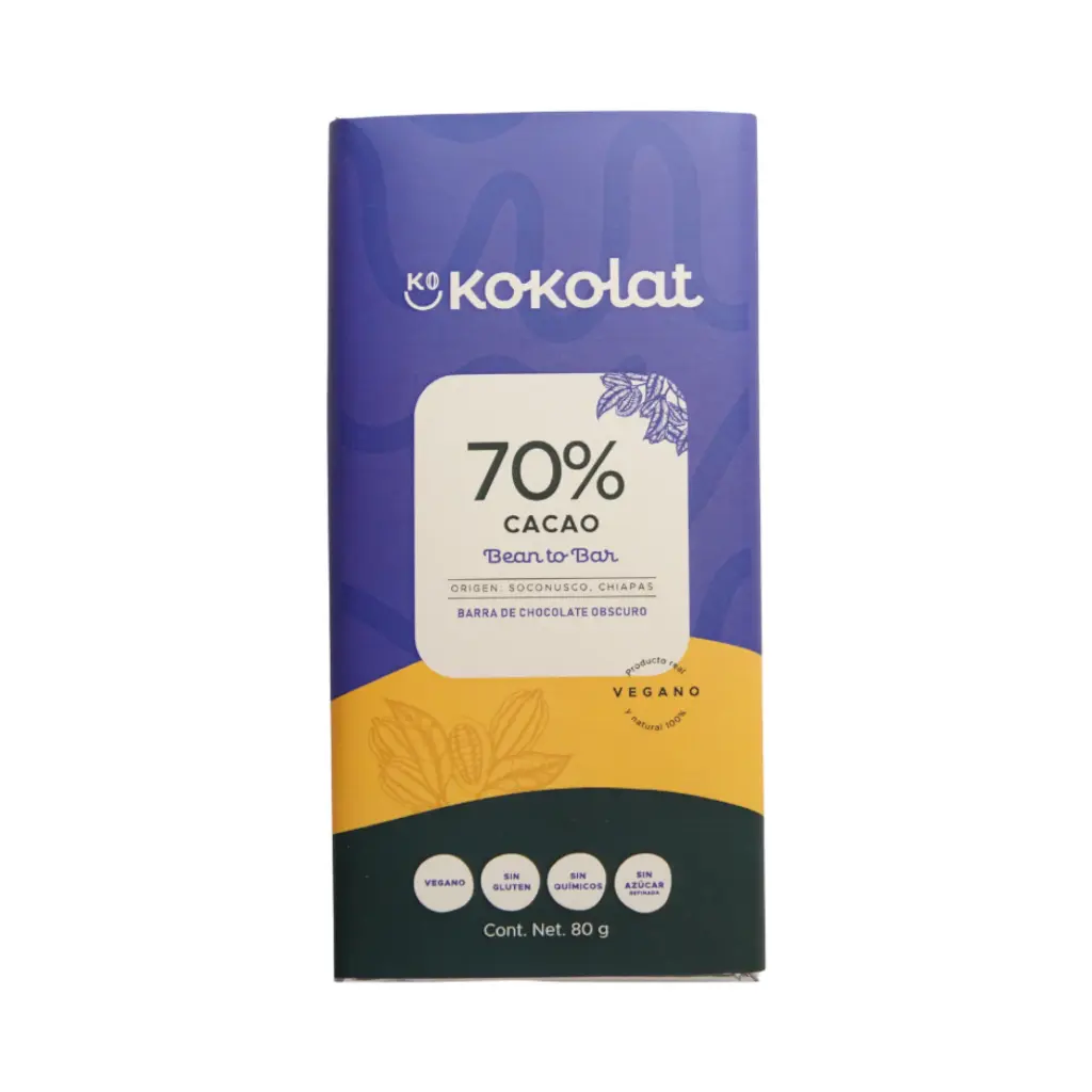 Barra de cacao al 70% 80gr KOKOLAT