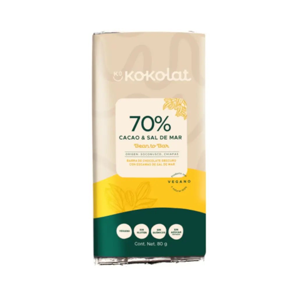 Barra de cacao al 70% con sal de mar 80gr KOKOLAT