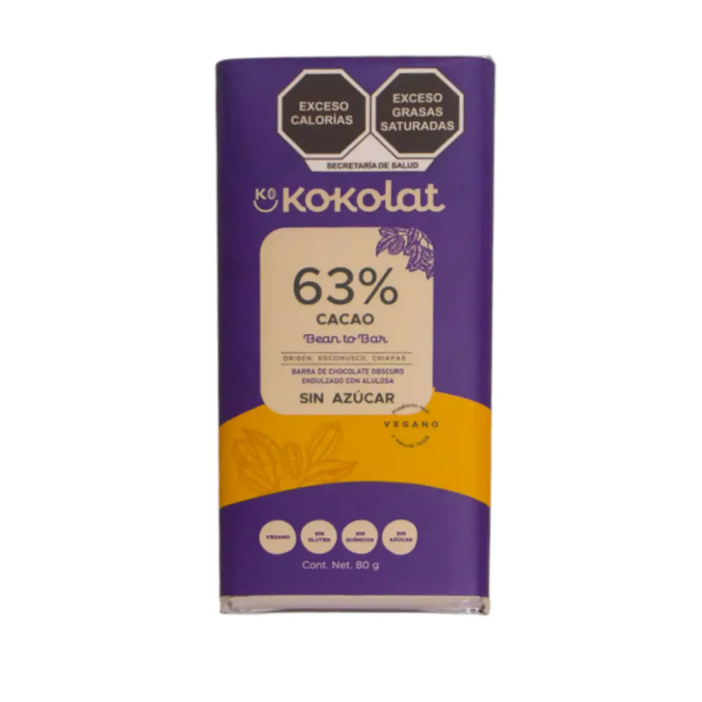 Barra de cacao al 63% sin azúcar KOKOLAT