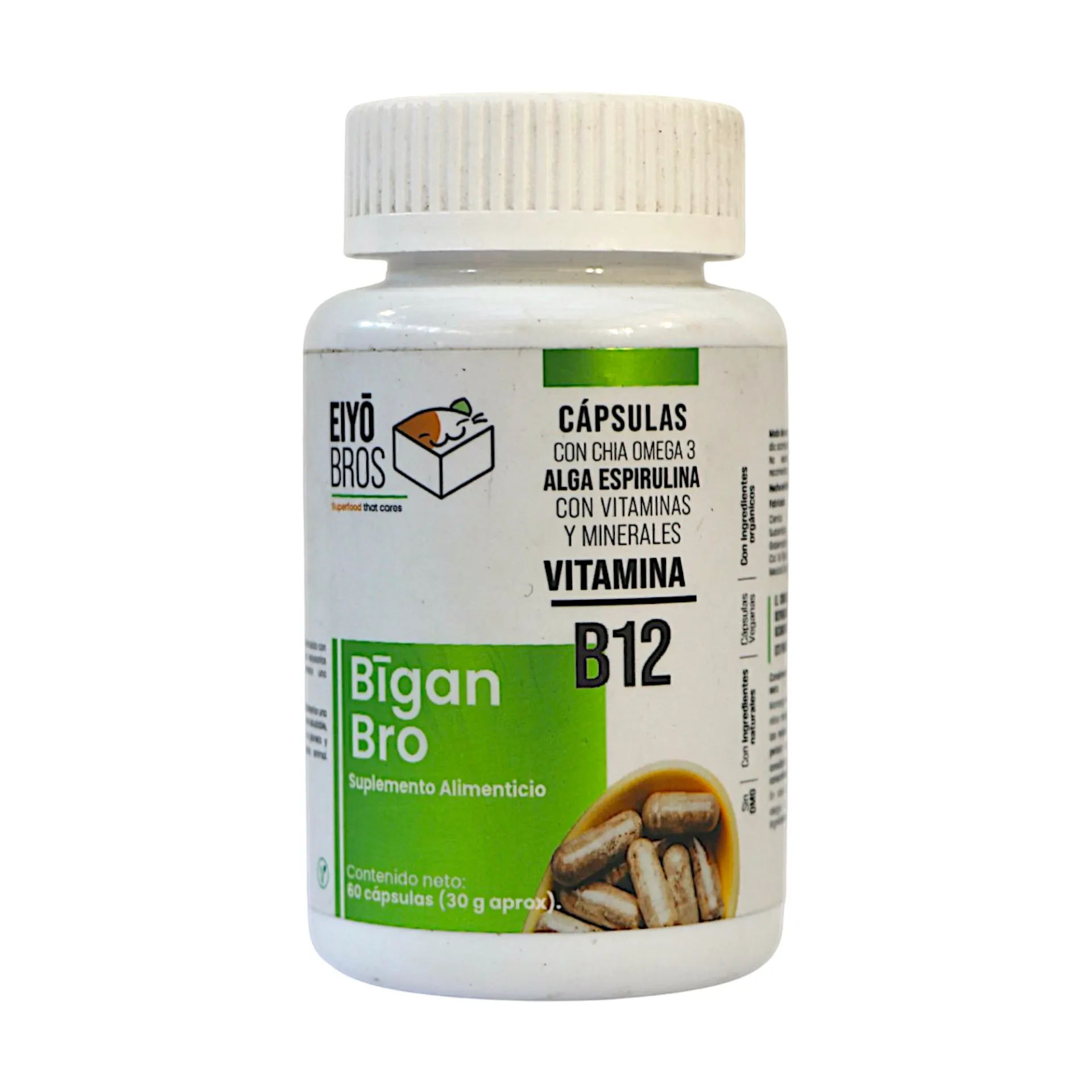 [7500464824608] Bigan Bro suplemento para complementar dietas veganas con vitamina B12 60 cápsulas EIYO BROS