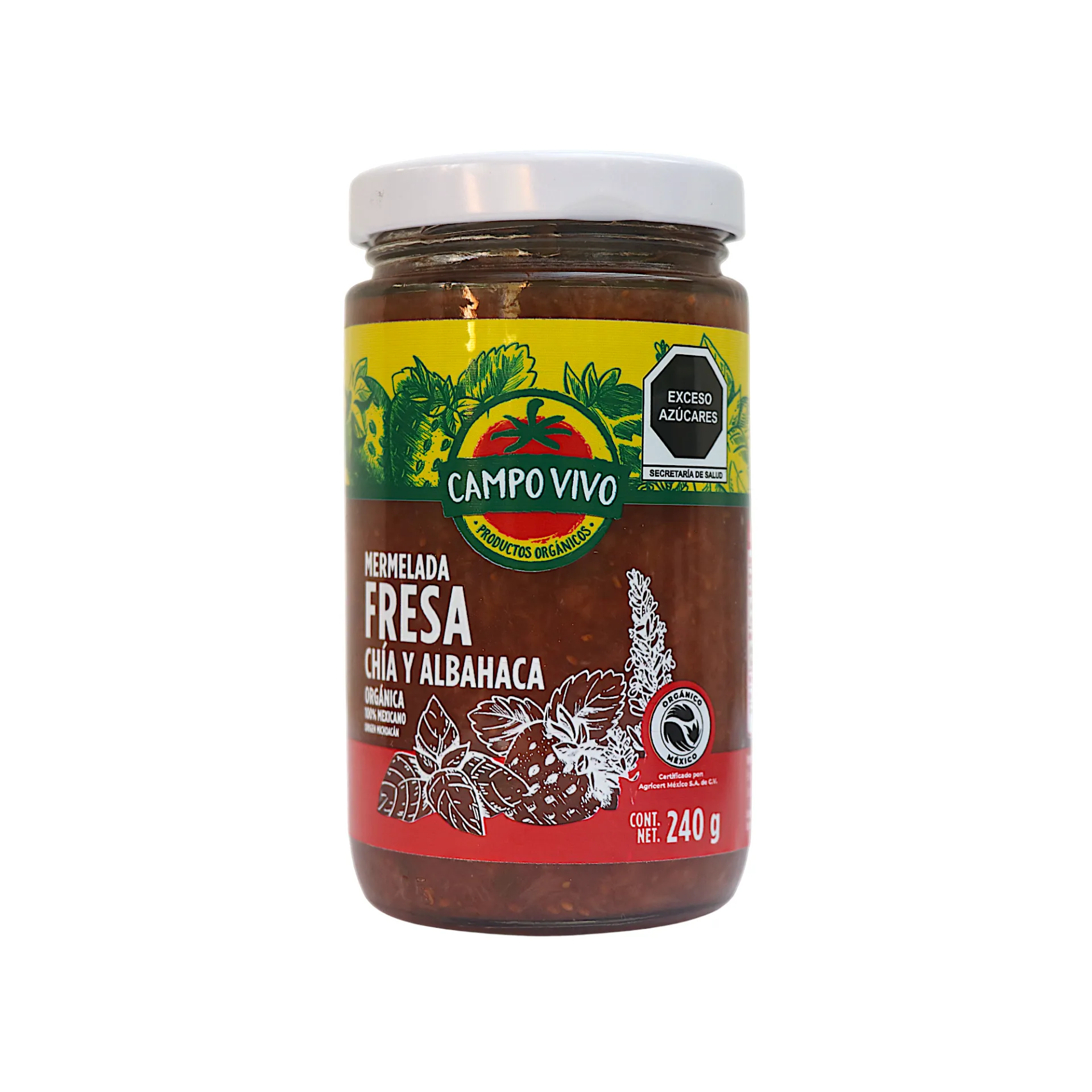 [7502236175581] Mermelada de fresa, chía y albahaca orgánica 240gr CAMPO VIVO