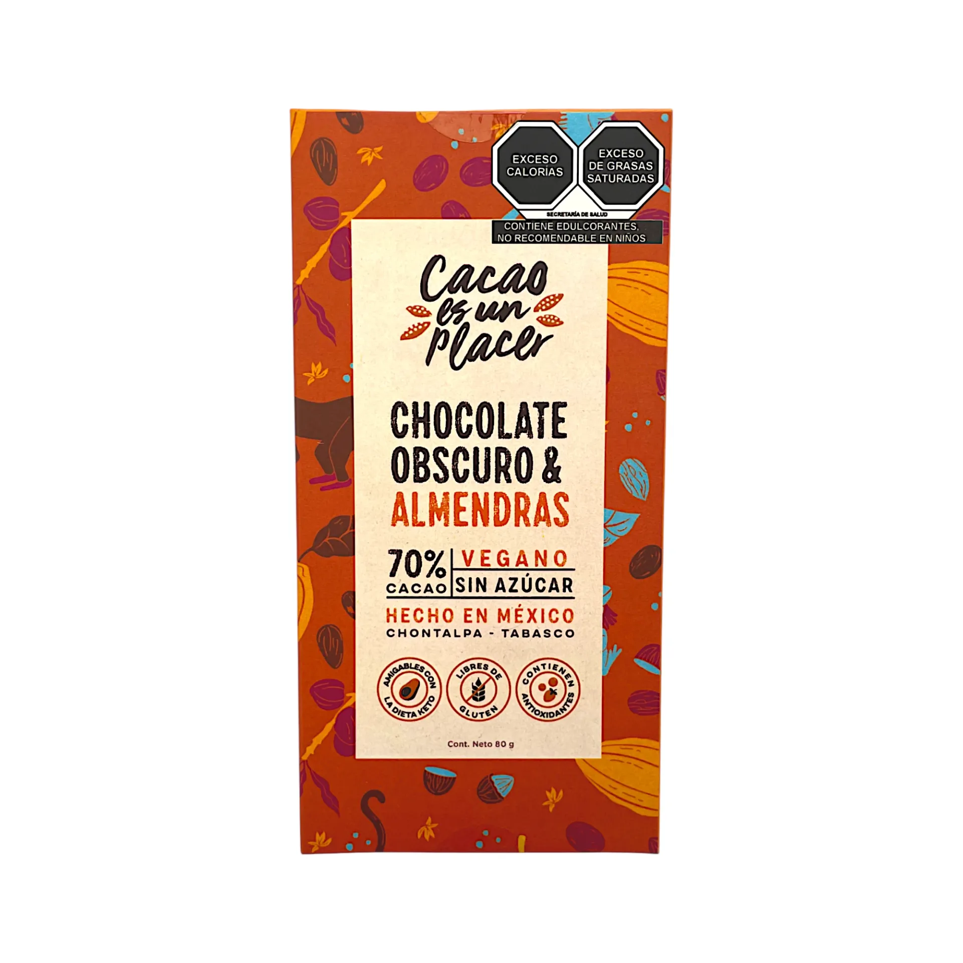Chocolate obscuro 70% cacao sin azúcar con almendra 80gr ORIGENES