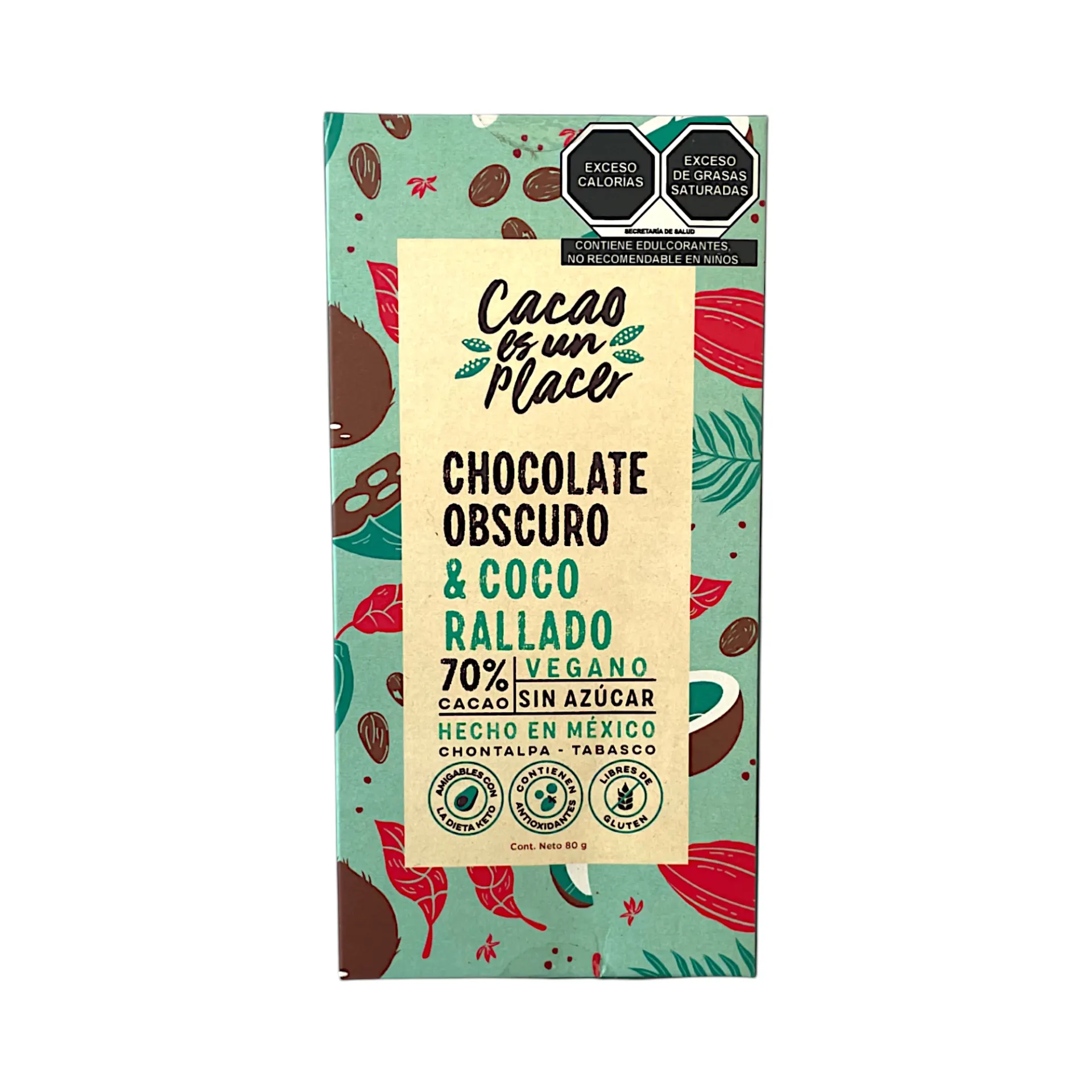 Chocolate obscuro 70% cacao sin azúcar con coco rallado 80gr ORIGENES