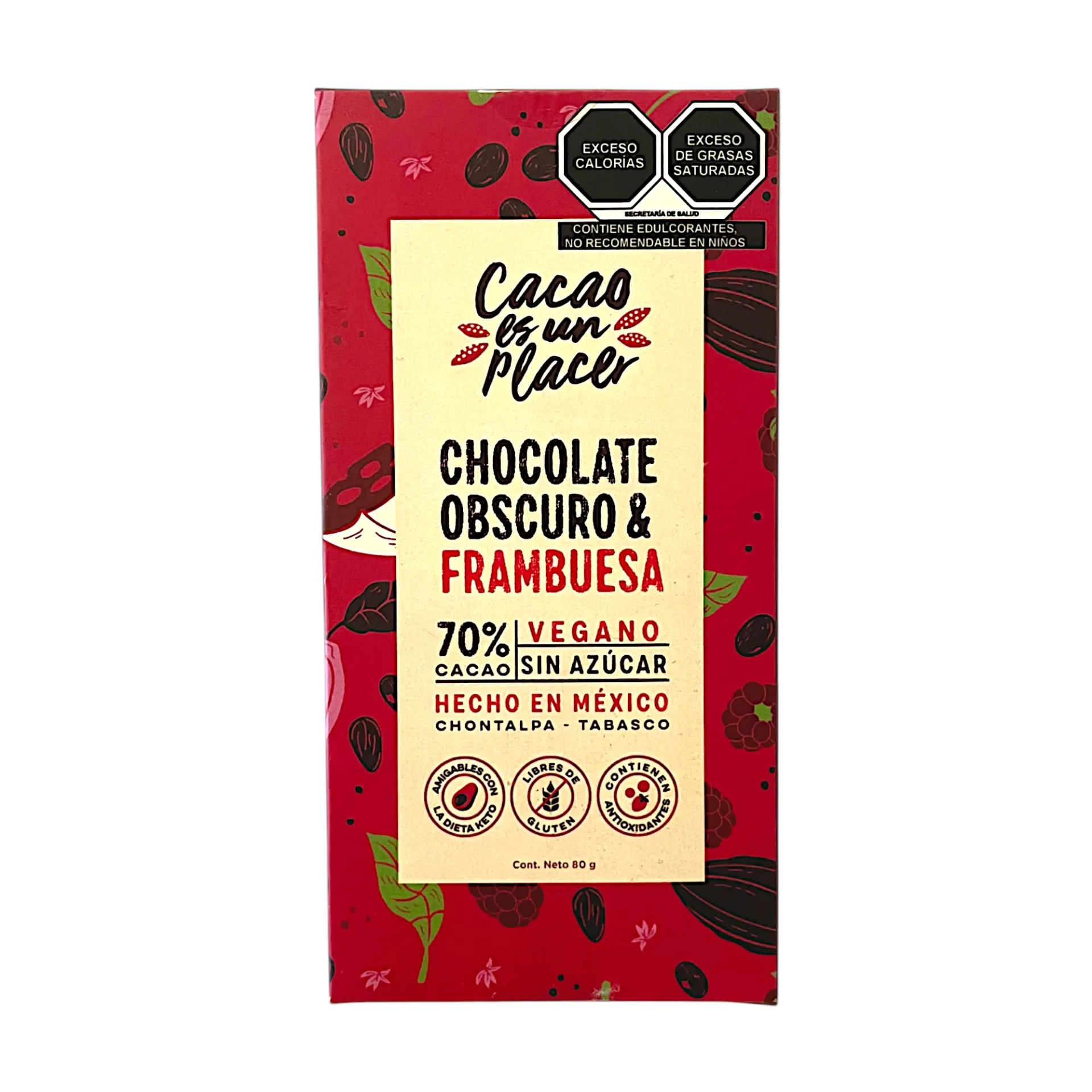 Chocolate obscuro 70% cacao sin azúcar con frambuesa 80gr ORIGENES