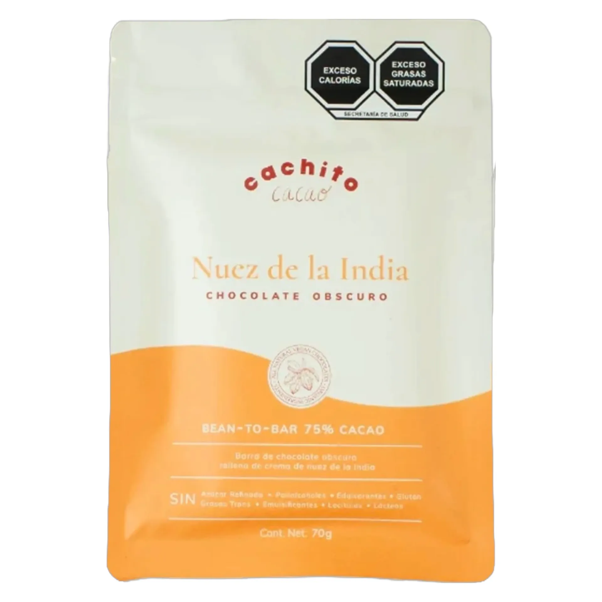 [7500465237711] Barra de cacao al 75% rellena de crema de nuez de la India 70gr CACHITO CACAO