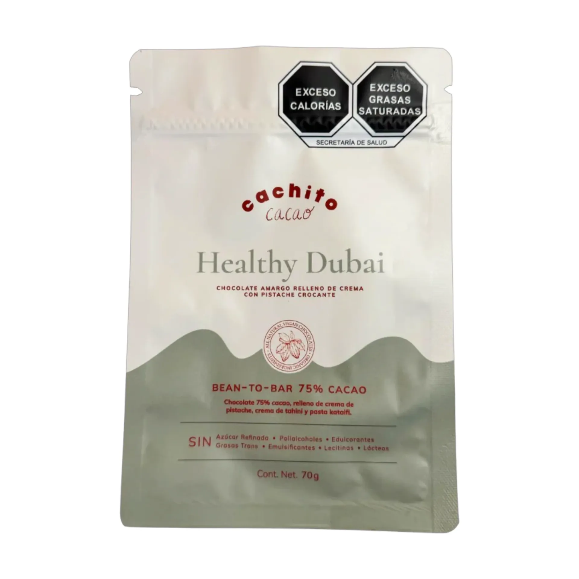 [7500465237780] Barra de cacao al 75% rellena de crema de pistache crujiente 70gr CACHITO CACAO
