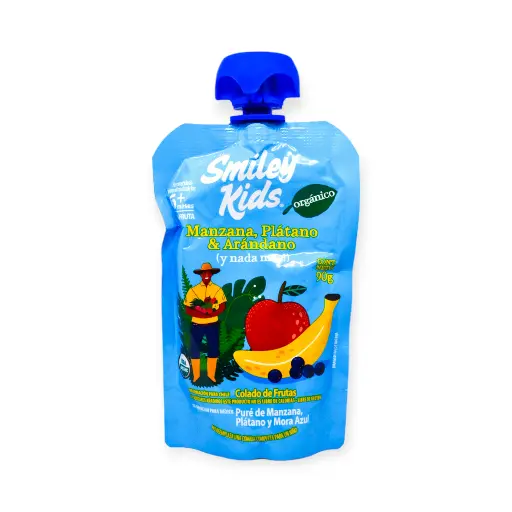 [7804650970477] Papilla orgánica de manzana, plátano y arándano 90gr SMILEY KIDS