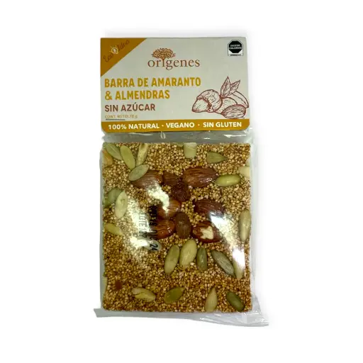 [7501765290024] Barra de amaranto y almendras sin azúcar 70gr ORIGENES