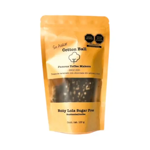 [7503035794041] Sugar Free Nutty Lola, trozos de caramelo cubierto con chocolate amargo y nuez pecana sin azúcar 100gr COTTON BALL