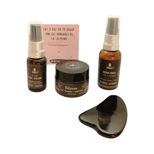 Kit Profundidad: Crema facial UR 20ml, bálsamo corporal 30gr, serum UV 20ml y Gua Sha obsididana PANALLI