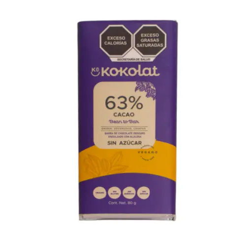 Barra de cacao al 63% sin azúcar KOKOLAT